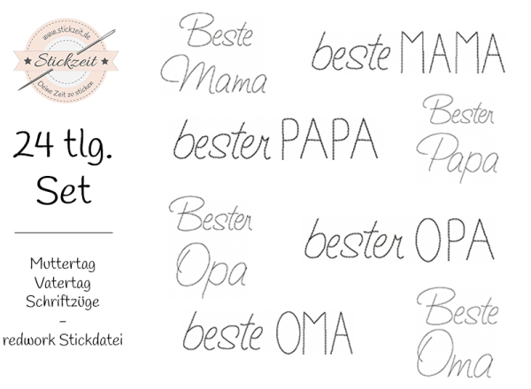 Muttertag Vatertag Schriftzüge - redwork Stickdatei